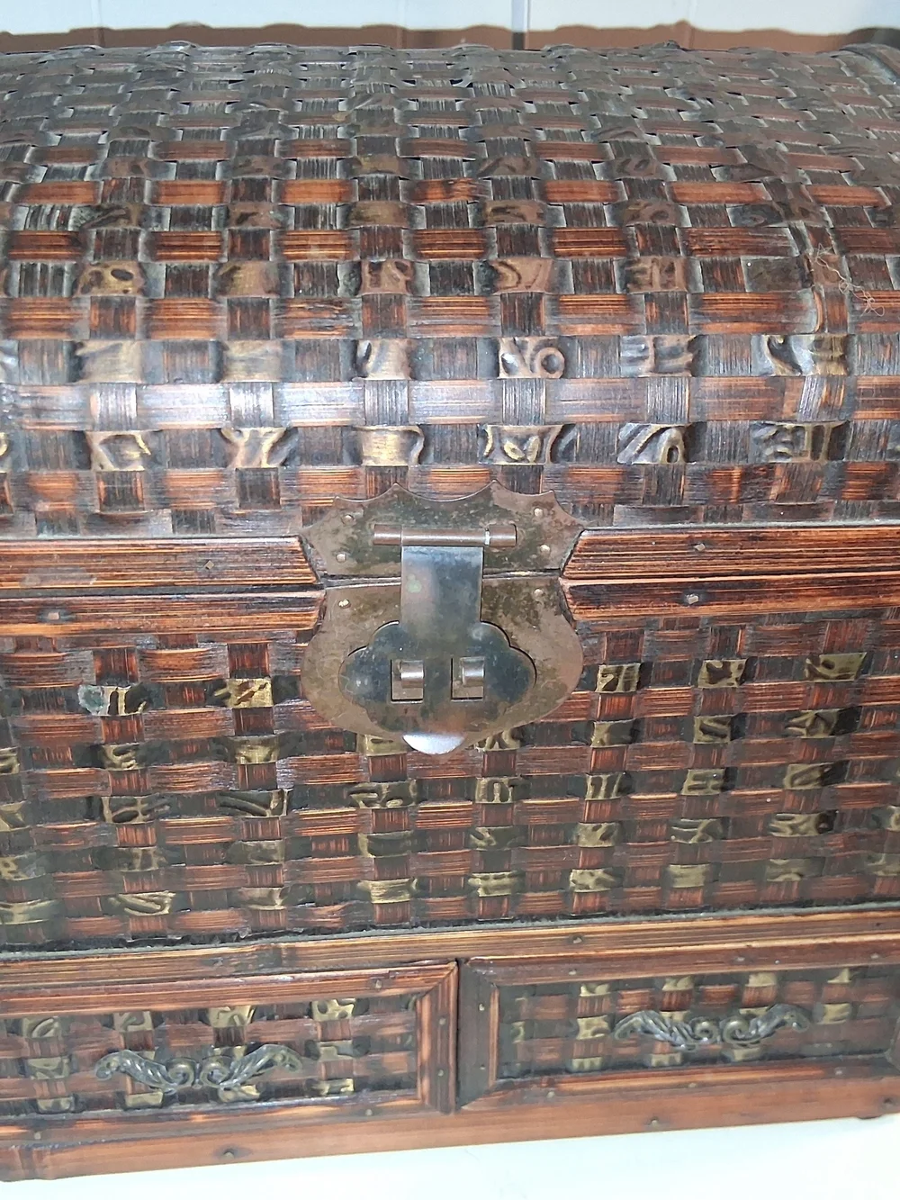 Hand Crafted Wood Woven Accent Storage Chest With 2 Drawers in Dark Brown